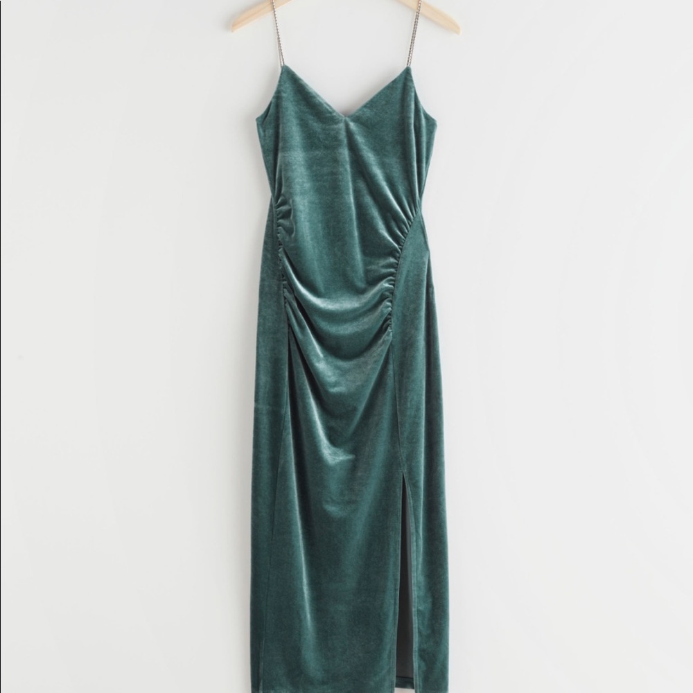 & Other Stories velvet midi dress with rhinestone straps in dark green